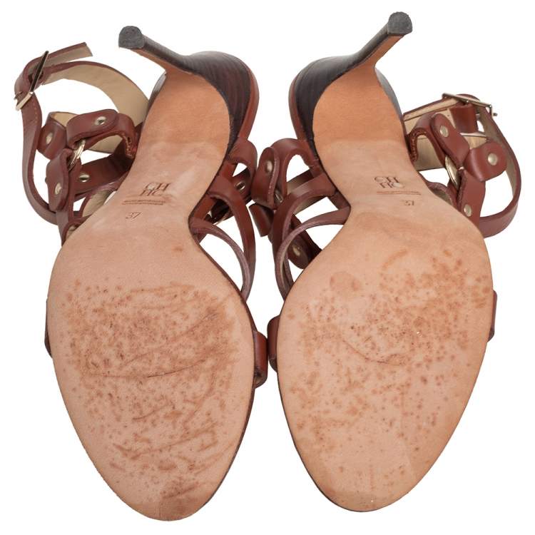 Pre Owned Caroline Herrera Brown Leather Ankle Strap Sandals Size 37