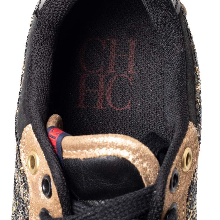 Pre Owned Carolina Herrera Black/Brown Leather And Suede Low Top Sneakers Size 38