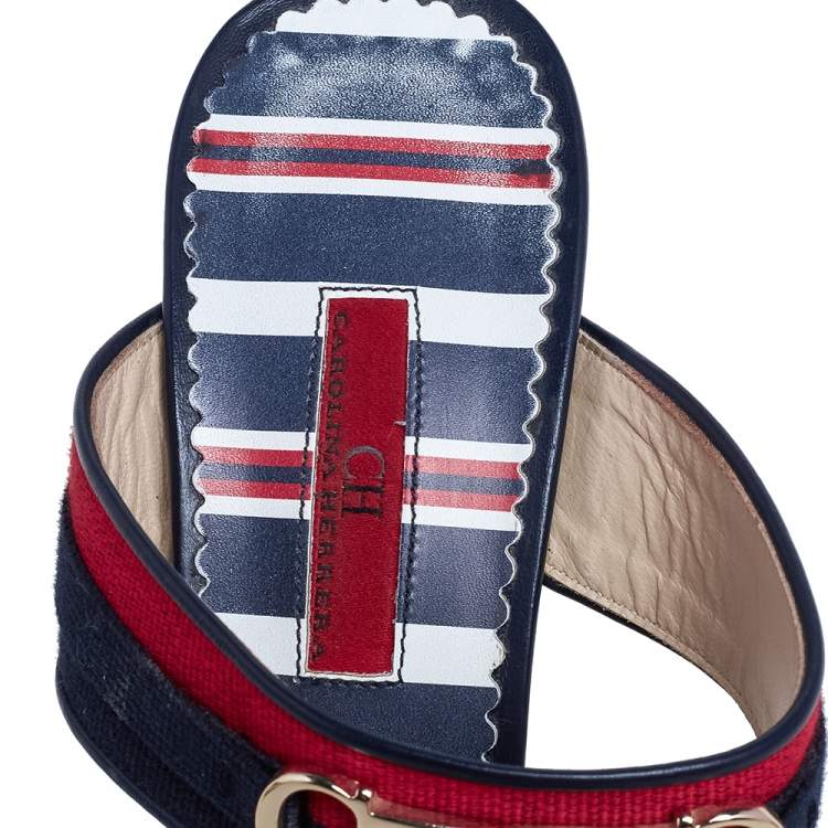 Pre Owned Carolina Herrera Navy Blue/Red Leather and Fabric CH Logo Slide Sandals Size 37
