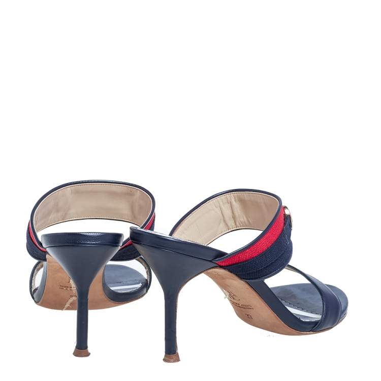 Pre Owned Carolina Herrera Navy Blue/Red Leather and Fabric CH Logo Slide Sandals Size 37