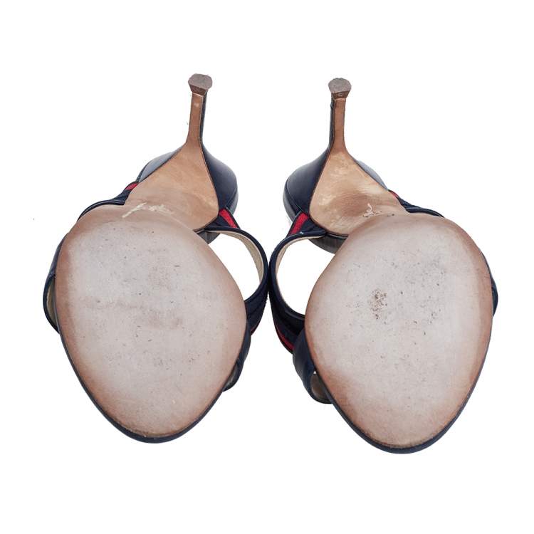 Pre Owned Carolina Herrera Navy Blue/Red Leather and Fabric CH Logo Slide Sandals Size 37