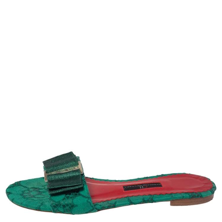 Pre Owned Carolina Herrera Green Lace Bow Detail Flat Slides Size 37