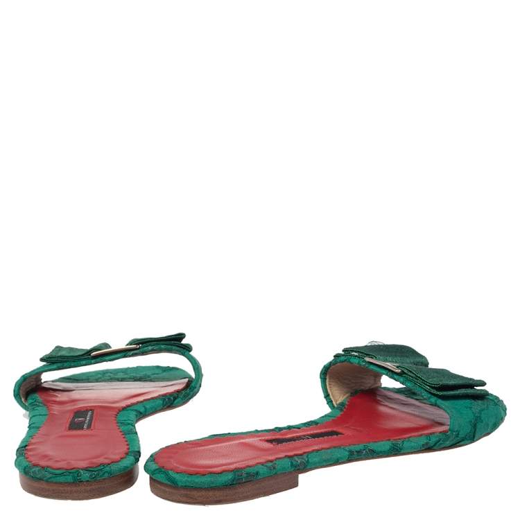 Pre Owned Carolina Herrera Green Lace Bow Detail Flat Slides Size 37