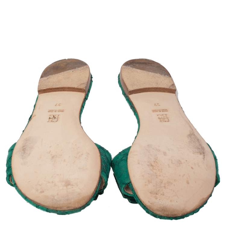 Pre Owned Carolina Herrera Green Lace Bow Detail Flat Slides Size 37