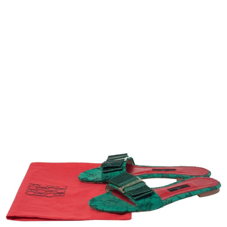Pre Owned Carolina Herrera Green Lace Bow Detail Flat Slides Size 37