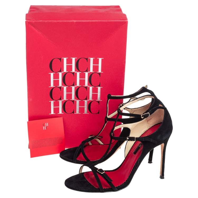 Pre Owned Carolina Herrera Black Suede T Strappy Open Toe Sandals Size 38