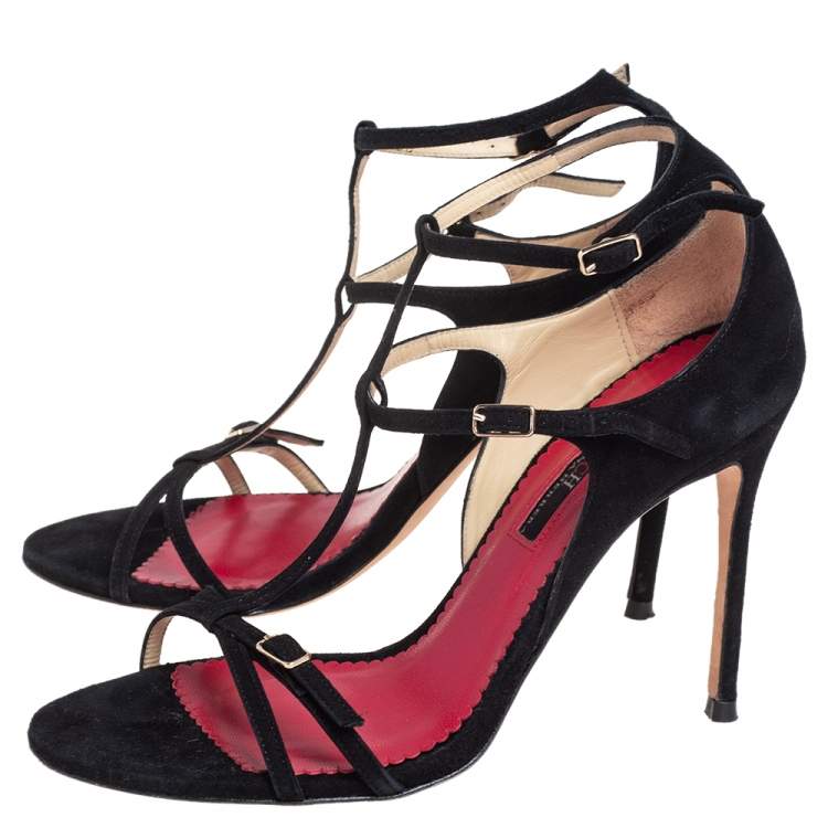 Pre Owned Carolina Herrera Black Suede T Strappy Open Toe Sandals Size 38