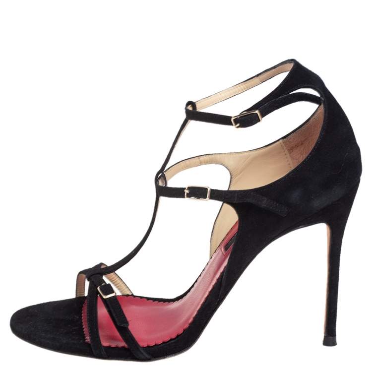 Pre Owned Carolina Herrera Black Suede T Strappy Open Toe Sandals Size 38