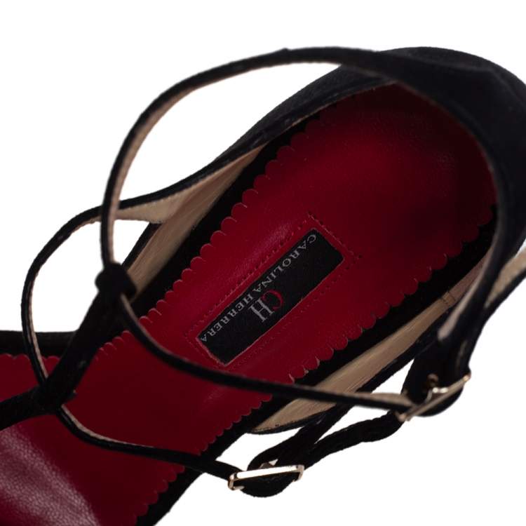 Pre Owned Carolina Herrera Black Suede T Strappy Open Toe Sandals Size 38