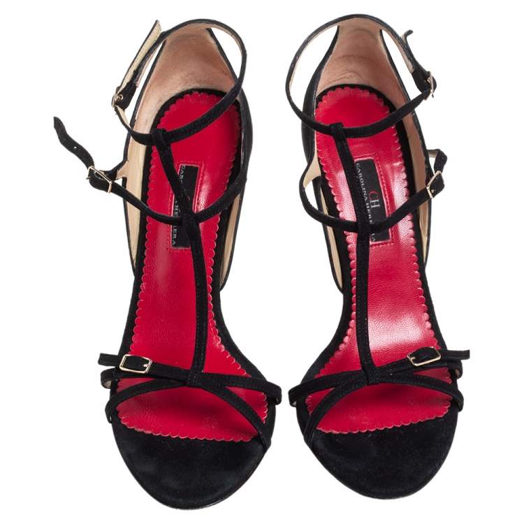 Pre Owned Carolina Herrera Black Suede T Strappy Open Toe Sandals Size 38