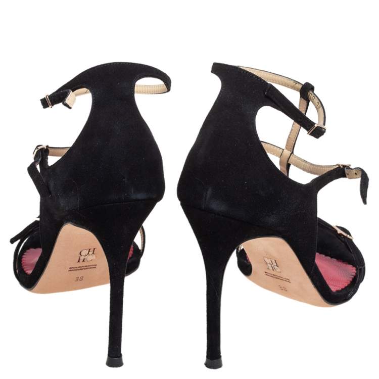 Pre Owned Carolina Herrera Black Suede T Strappy Open Toe Sandals Size 38