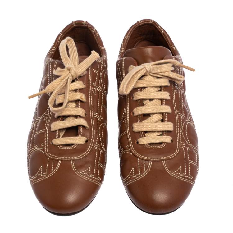 Pre Owned Carolina Herrera Brown Leather Low Top Sneakers Size 38