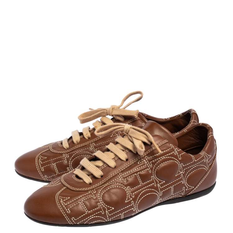 Pre Owned Carolina Herrera Brown Leather Low Top Sneakers Size 38