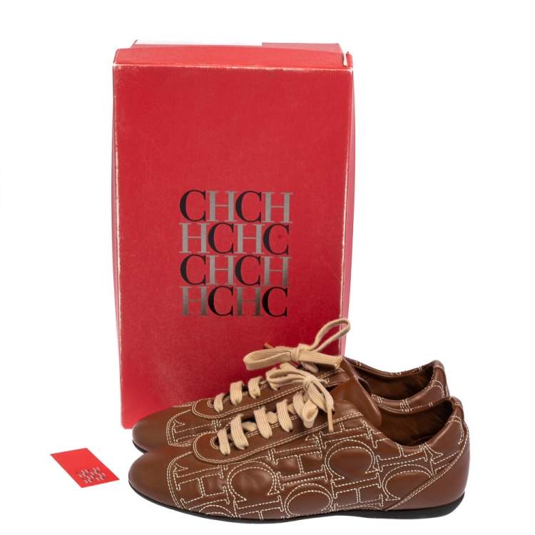 Pre Owned Carolina Herrera Brown Leather Low Top Sneakers Size 38