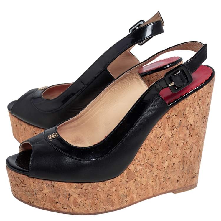 Pre Owned Carolina Herrera Black  Patent And Leather Cork Wedge Platform Peep Toe Slingback Sandals Size 37