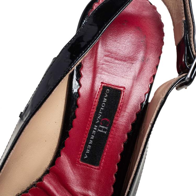 Pre Owned Carolina Herrera Black  Patent And Leather Cork Wedge Platform Peep Toe Slingback Sandals Size 37