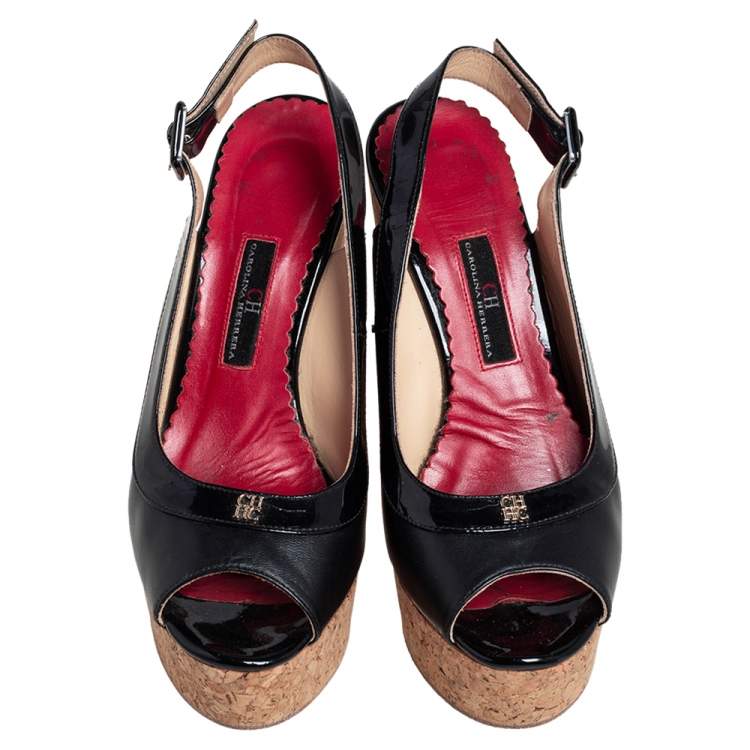 Pre Owned Carolina Herrera Black  Patent And Leather Cork Wedge Platform Peep Toe Slingback Sandals Size 37