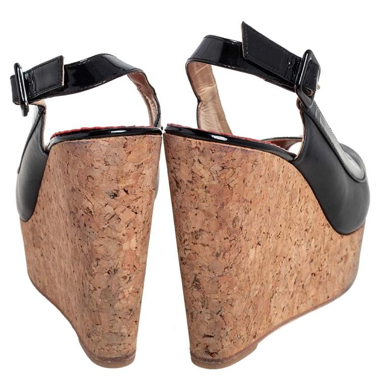 Pre Owned Carolina Herrera Black  Patent And Leather Cork Wedge Platform Peep Toe Slingback Sandals Size 37