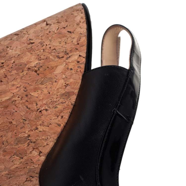Pre Owned Carolina Herrera Black  Patent And Leather Cork Wedge Platform Peep Toe Slingback Sandals Size 37