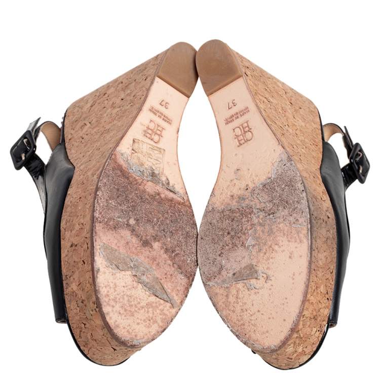 Pre Owned Carolina Herrera Black  Patent And Leather Cork Wedge Platform Peep Toe Slingback Sandals Size 37