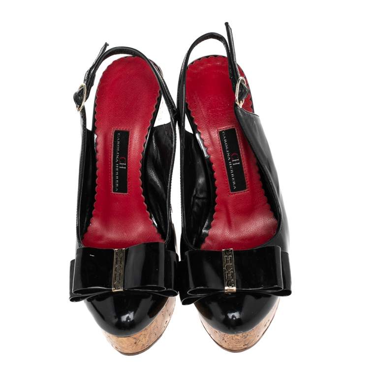 Pre Owned CH Carolina Herrera Black Patent Leather Cork Wedge Platform Slingback Sandals Size 35