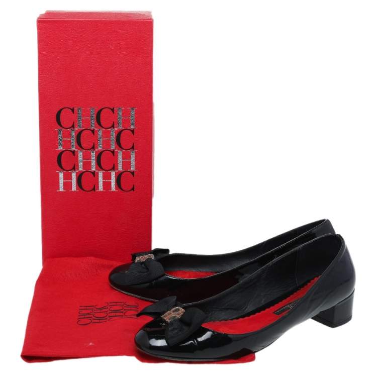 Pre Owned Carolina Herrera Black Patent Leather Bow Block Heel Pumps Size 41