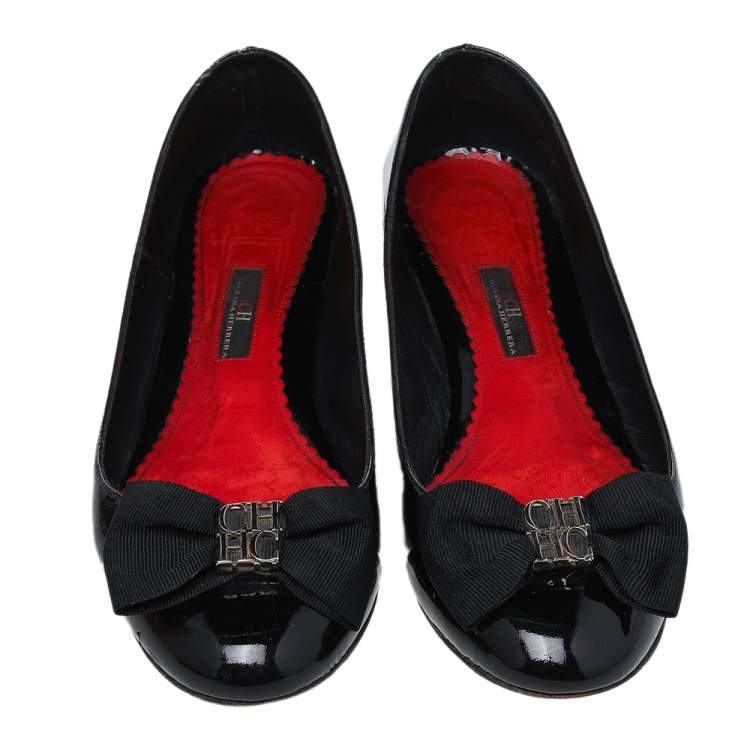 Pre Owned Carolina Herrera Black Patent Leather Bow Block Heel Pumps Size 41