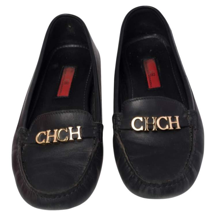 Pre Owned Carolina Herrera Black Leather Logo Detail Slip On Loafers Size 38