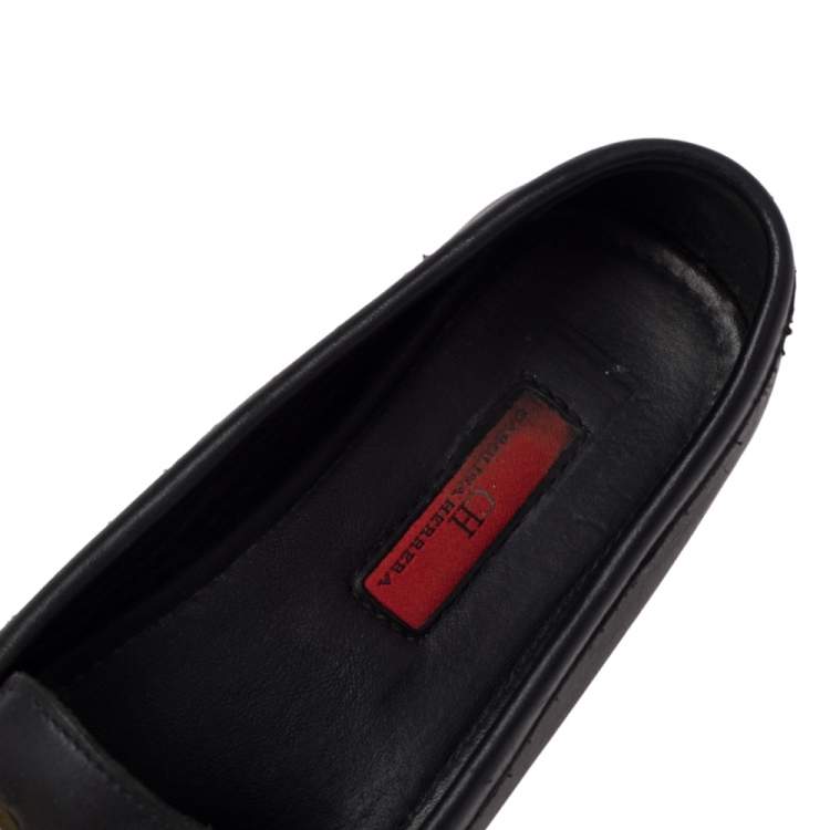 Pre Owned Carolina Herrera Black Leather Logo Detail Slip On Loafers Size 38
