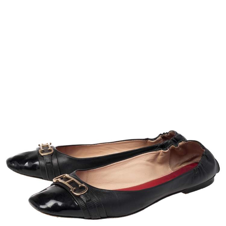 Pre Owned Carolina Herrera Black Leather Cut Out Initials Scrunch Ballet Flats Size 40