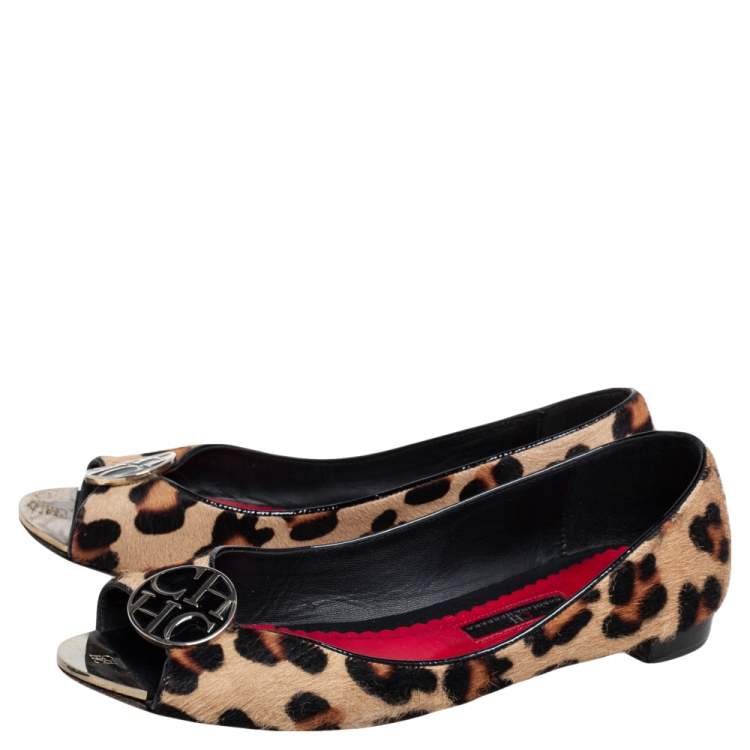 Pre Owned Carolina Herrera Brown Animal Print Calf Hair Open Toe Ballet Flats Size 40