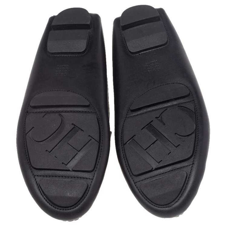 Pre Owned CH Carolina Herrera Black Leather Logo Charm Detail Slip On Loafers Size 39