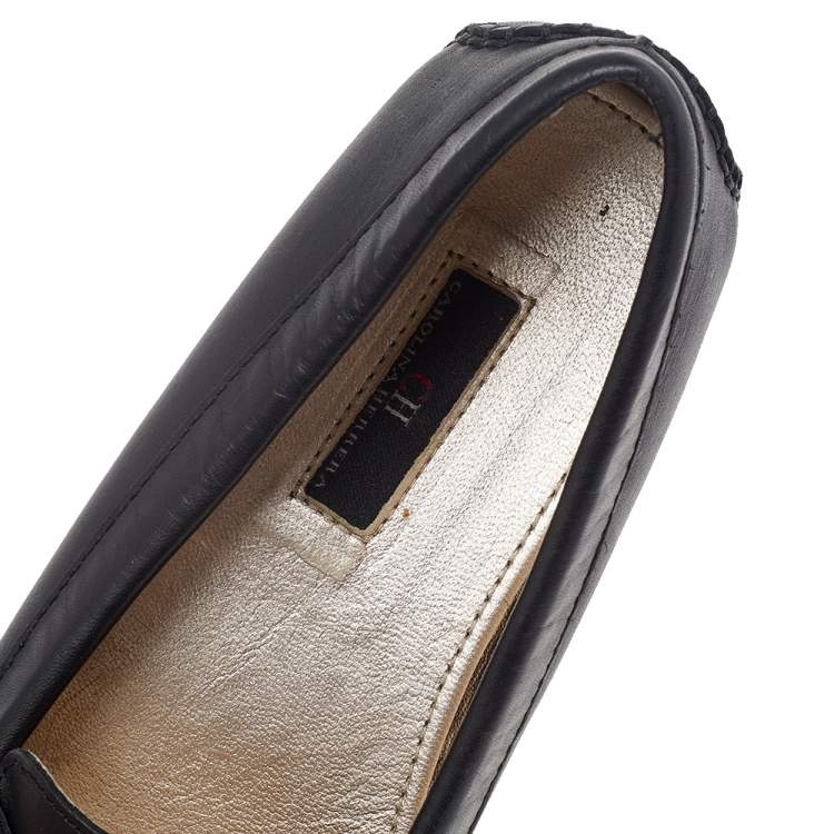 Pre Owned CH Carolina Herrera Black Leather Logo Charm Detail Slip On Loafers Size 39