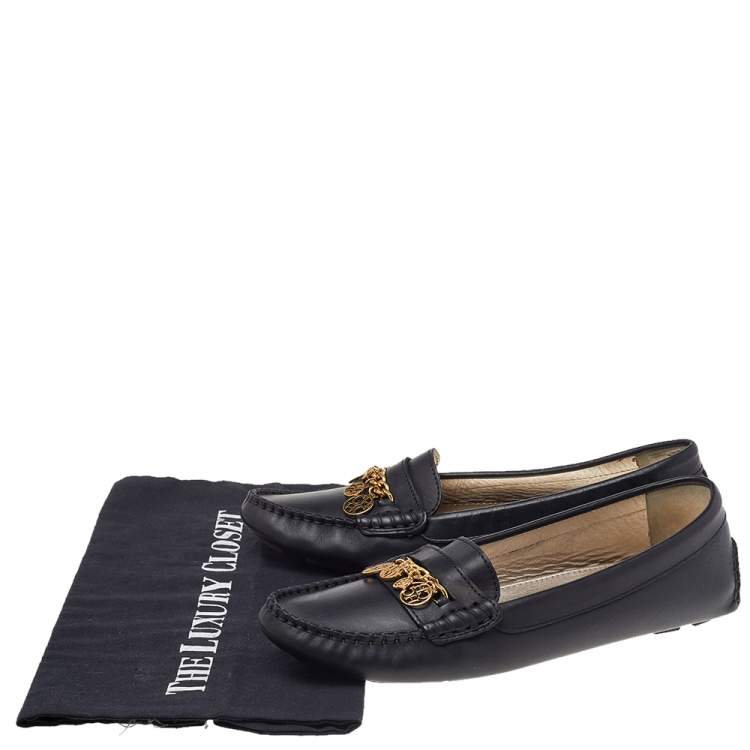 Pre Owned CH Carolina Herrera Black Leather Logo Charm Detail Slip On Loafers Size 39