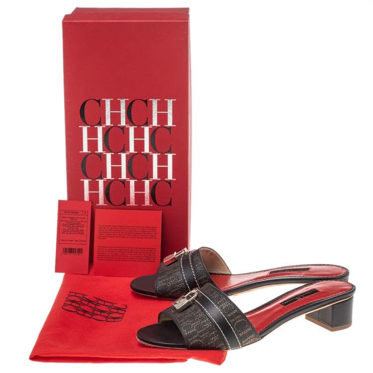 Pre Owned CH Carolina Herrera Brown Monogram Canvas And Leather Traveller Locked Slide Sandals Size 38