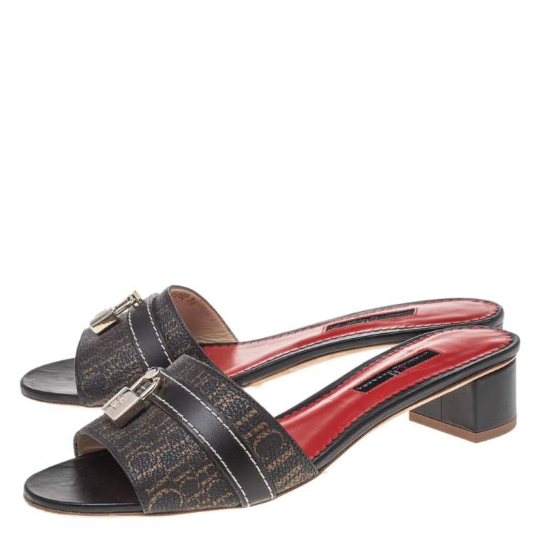 Pre Owned CH Carolina Herrera Brown Monogram Canvas And Leather Traveller Locked Slide Sandals Size 38
