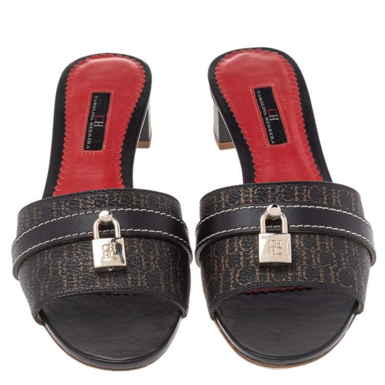 Pre Owned CH Carolina Herrera Brown Monogram Canvas And Leather Traveller Locked Slide Sandals Size 38