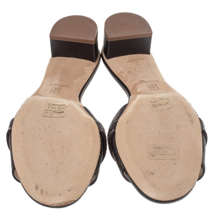 Pre Owned CH Carolina Herrera Brown Monogram Canvas And Leather Traveller Locked Slide Sandals Size 38