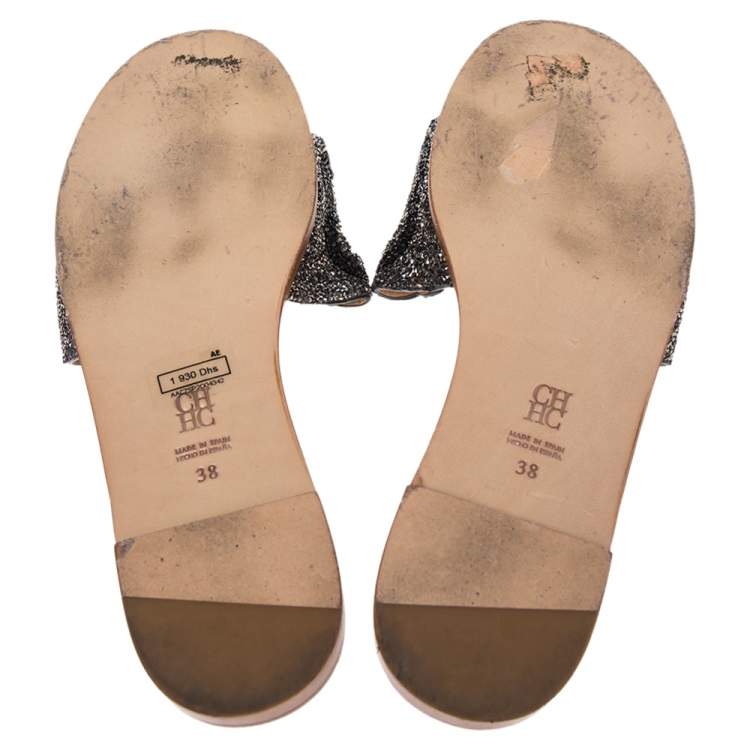 Pre Owned Carolina Herrera Multicolor Crystal Embellished CH Insignia Cutout Slide Flats Size 38