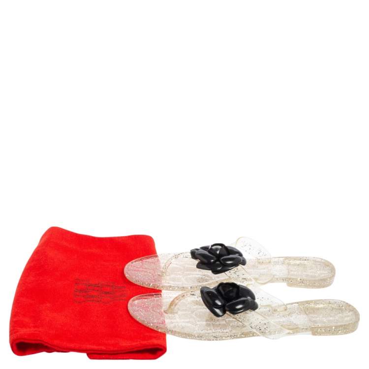 Pre Owned Carolina Herrera Black/Transparent Jelly Camellia Thong Sandals Size 39