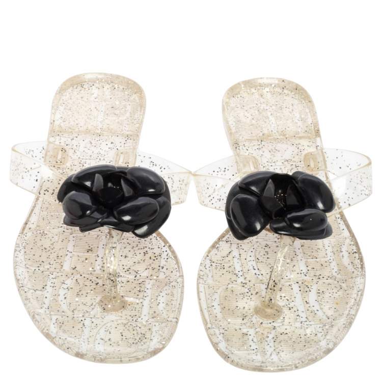 Pre Owned Carolina Herrera Black/Transparent Jelly Camellia Thong Sandals Size 39