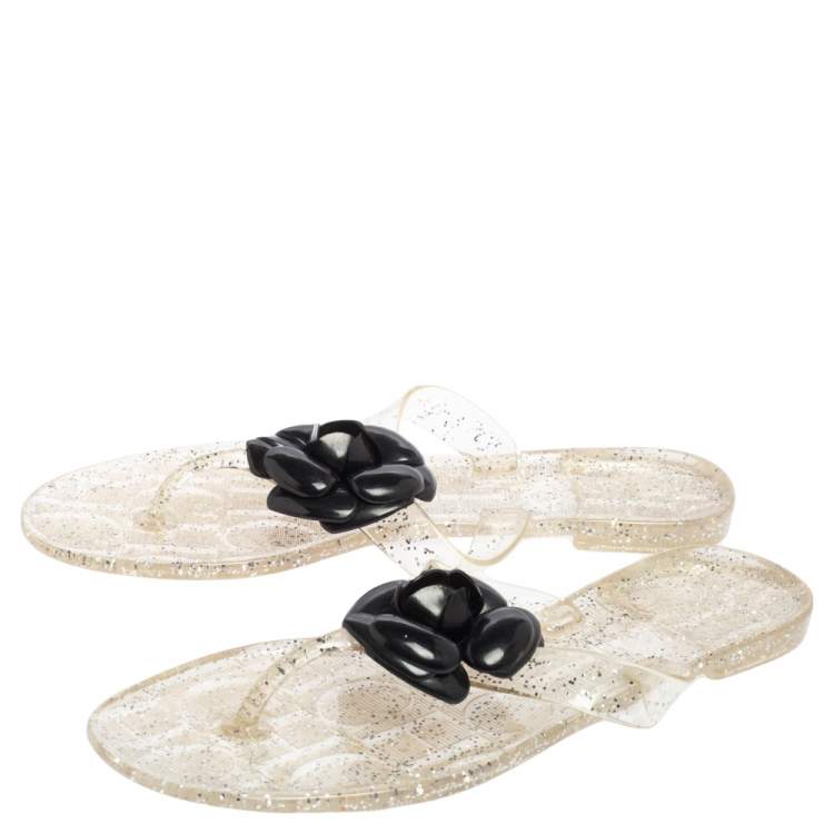 Pre Owned Carolina Herrera Black/Transparent Jelly Camellia Thong Sandals Size 39