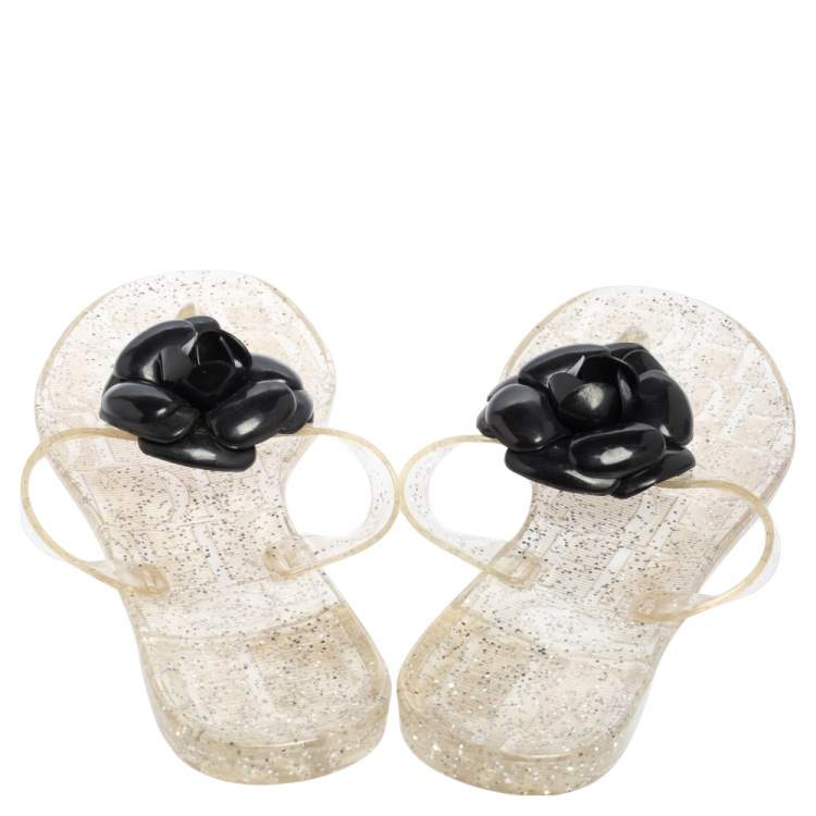 Pre Owned Carolina Herrera Black/Transparent Jelly Camellia Thong Sandals Size 39