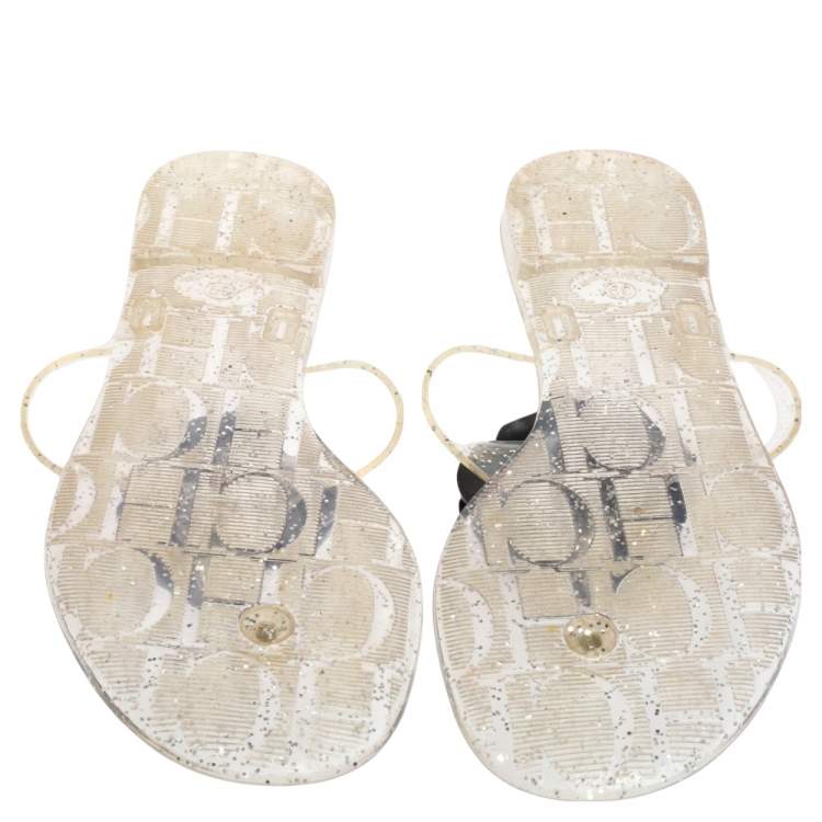 Pre Owned Carolina Herrera Black/Transparent Jelly Camellia Thong Sandals Size 39