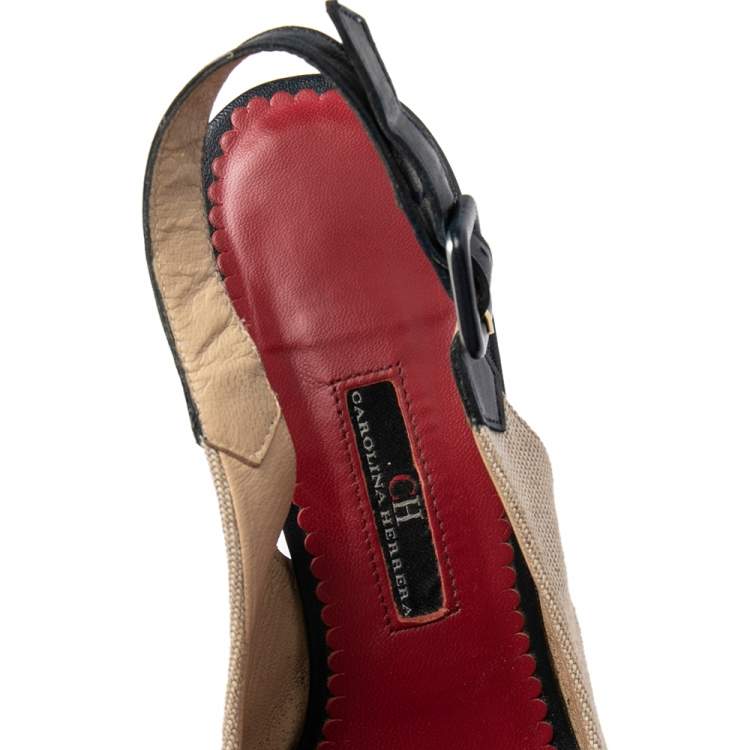 مملوكة مسبقًا Carolina Herrera Beige Canvas Wedge Platform Espadrille Slingback Sandals Size 37