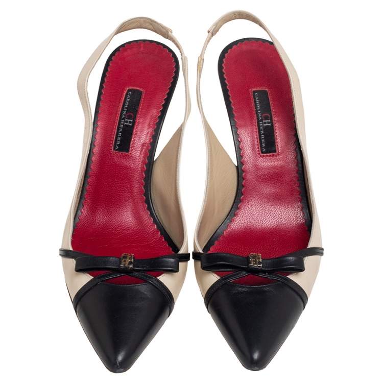 Pre Owned Carolina Herrera Beige/Black Leather Bow Pointed Toe Slingback Pumps Size 39
