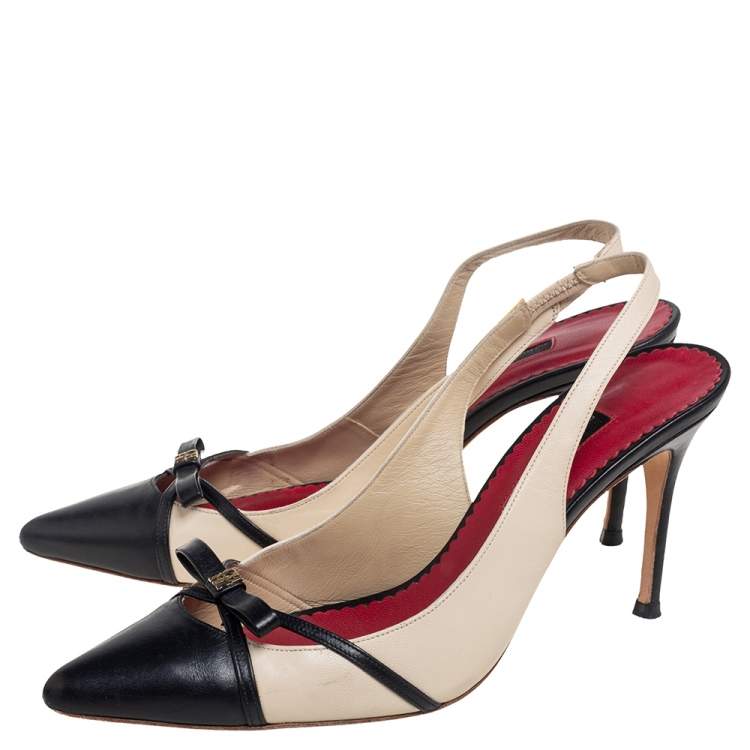 Pre Owned Carolina Herrera Beige/Black Leather Bow Pointed Toe Slingback Pumps Size 39