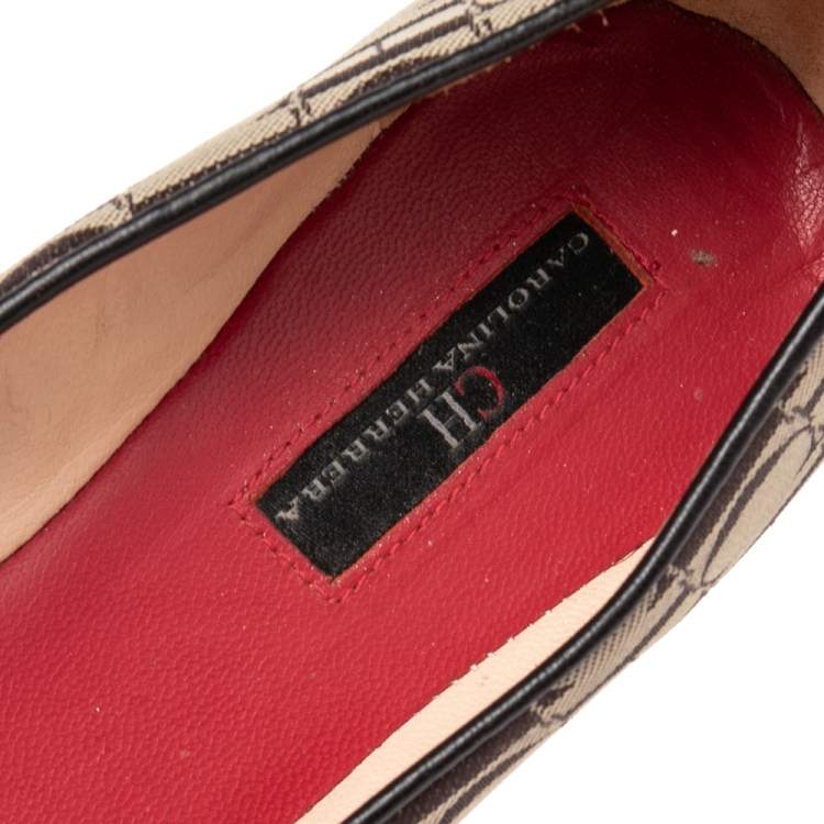 Pre Owned Carolina Herrera Brown/Beige Signature Canvas Logo Smoking Slippers Size 36