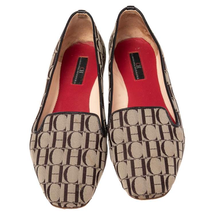 Pre Owned Carolina Herrera Brown/Beige Signature Canvas Logo Smoking Slippers Size 36