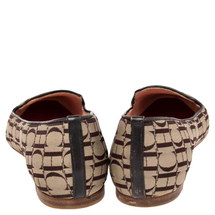 Pre Owned Carolina Herrera Brown/Beige Signature Canvas Logo Smoking Slippers Size 36